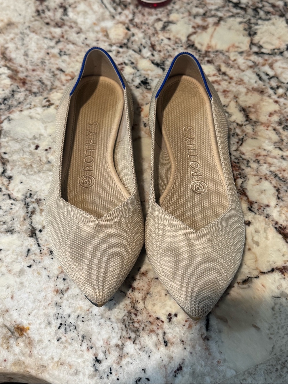 Rothy's The Point Ecru Beige Pointed Toe Ballet Flats Size 7.5 Blue Stripe